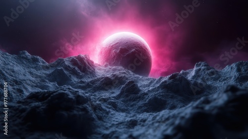 A stunning pink-hued planet ascends over icy, jagged lunar mountains, creating an otherworldly and mesmerizing cosmic landscape suffused with ethereal light and mystique. photo