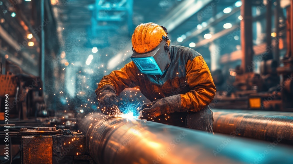 Industrial worker with a protective mask welding a steel pipe in the factory Industrial worker with a protective mask welding a steel pipe in the factory