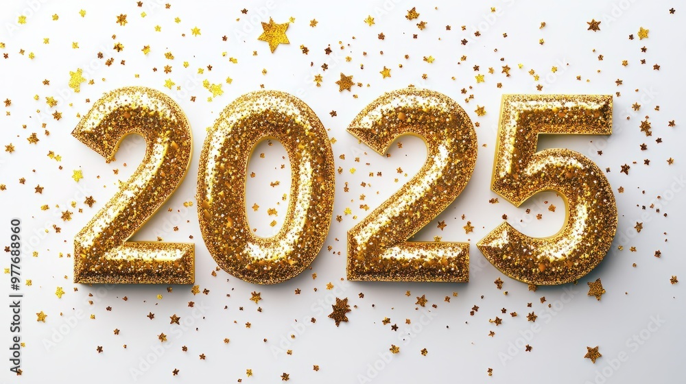 Happy new year 2025 illustration, With glittering numbers and gold glitter sprinkles on white background. Happy new year 2025 illustration, With glittering numbers and gold glitter sprinkles on white background.