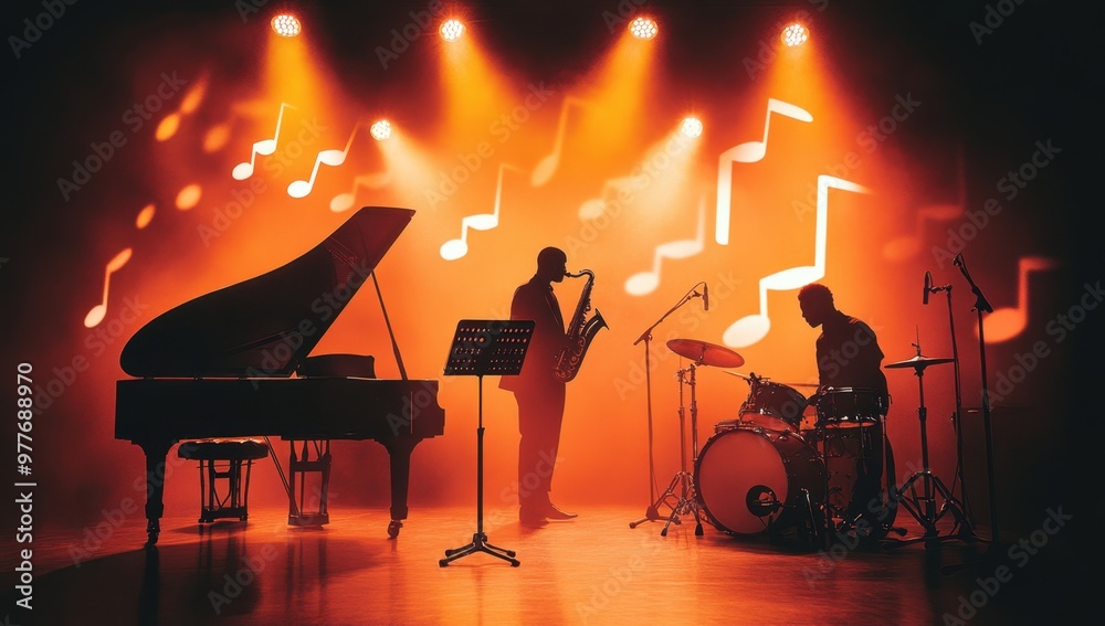 Fototapeta premium A silhouette of a jazz band with a piano, saxophone, and drums on stage under spotlights in front of musical notes Generative AI