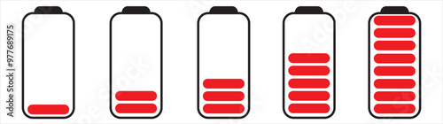 Set of vertical battery level indicators in percentage vector. Battery indicator symbols. 0-100 percent. eps10