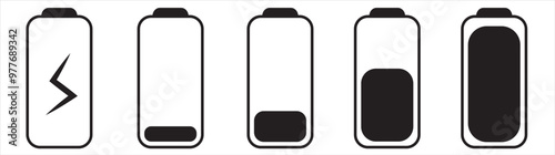 Set of vertical battery level indicators in percentage vector. Battery indicator symbols. 0-100 percent. eps10