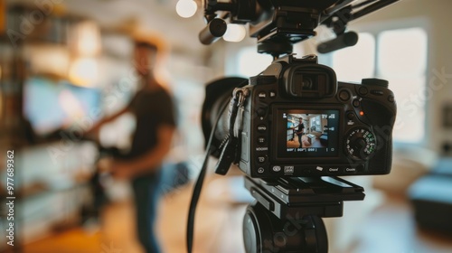 Professional video camera filming a man in an indoor setting.