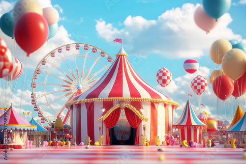 the tent of a traveling circus with toys and balls around stands in the center. Ferris wheel in the background