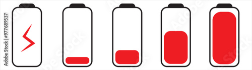 Set of vertical battery level indicators in percentage vector. Battery indicator symbols. 0-100 percent. eps10