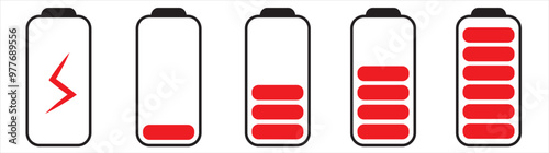 Set of vertical battery level indicators in percentage vector. Battery indicator symbols. 0-100 percent. eps10