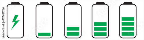 Set of vertical battery level indicators in percentage vector. Battery indicator symbols. 0-100 percent. eps10