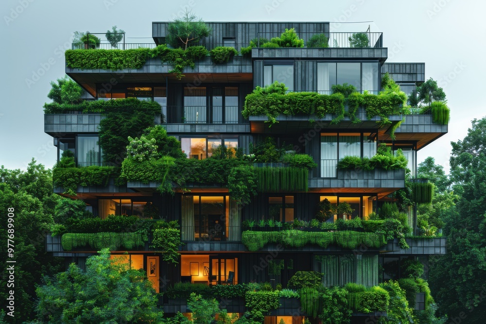 Tall building with many plants on the balconies Tall building with many plants on the balconies