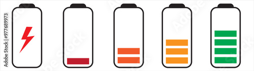 Set of vertical battery level indicators in percentage vector. Battery indicator symbols. 0-100 percent. eps10