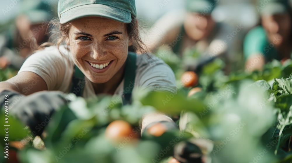 A delighted worker is immersed in tending to lush vegetables within a green field, showcasing an environment of growth, productivity, and sustainable agriculture. A delighted worker is immersed in tending to lush vegetables within a green field, showcasing an environment of growth, productivity, and sustainable agriculture.