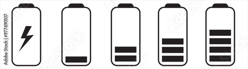 Set of vertical battery level indicators in percentage vector. Battery indicator symbols. 0-100 percent. eps10