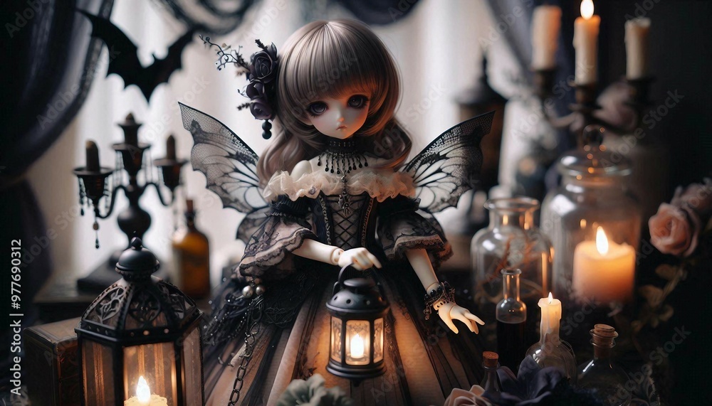 A doll with intricate gothic attire and fairy wings is surrounded by vintage objects, candles, and lanterns, creating a mystical ambiance.
A doll with intricate gothic attire and fairy wings is surrounded by vintage objects, candles, and lanterns, creating a mystical ambiance.
