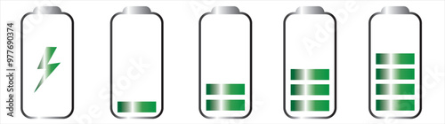 Set of vertical battery level indicators in percentage vector. Battery indicator symbols. 0-100 percent. eps10