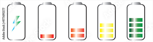 Set of vertical battery level indicators in percentage vector. Battery indicator symbols. 0-100 percent. eps10