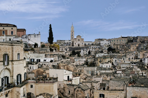 Panoramic view of Matera (Italy) famous throughout the world for its Sassi, ancient neighborhoods dug into the limestone rock, unique examples of rock architecture. UNESCO heritage