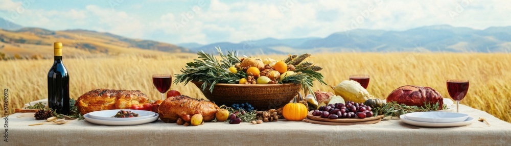 A Thanksgiving table outdoors, set in a golden autumn field, with a grand cornucopia centerpiece and family gathered around, enjoying the harvest feast A Thanksgiving table outdoors, set in a golden autumn field, with a grand cornucopia centerpiece and family gathered around, enjoying the harvest feast