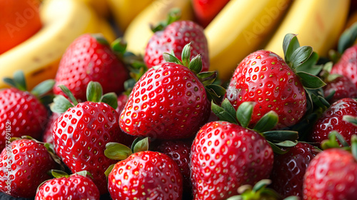 Freshly Picked Strawberries Surrounded by Ripe Bananas in a Vibrant Market Display photo