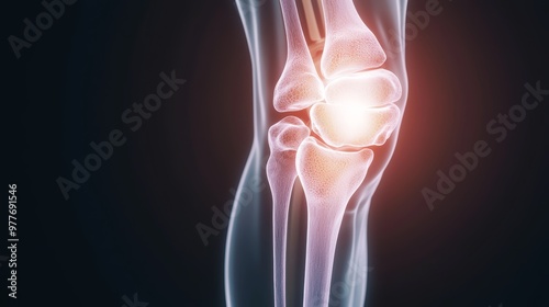 A transparent knee showing the cartilage, tendons, and bones, with glowing areas indicating where orthopedic treatments are applied