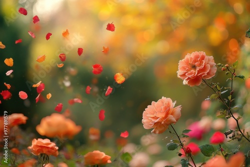 A beautiful garden with a bunch of orange flowers and red leaves