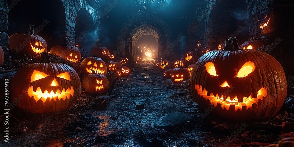 Walking Through a Dark Cave, Candles Set Up Inside and the Pumpkin Glows on Halloween Night. Traditional Halloween Symbol Walking Through a Dark Cave, Candles Set Up Inside and the Pumpkin Glows on Halloween Night. Traditional Halloween Symbol