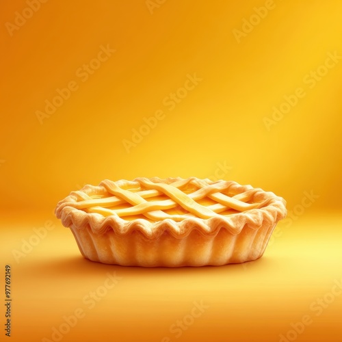 A delicious golden pie on a vibrant yellow background, perfect for showcasing desserts and baked goods.