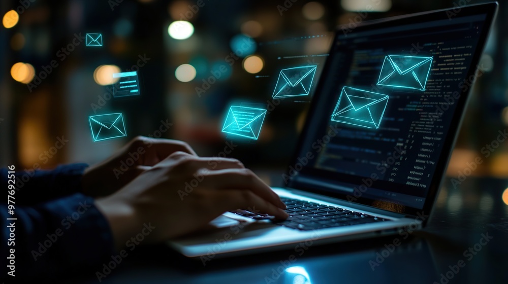 Hands typing an email on a laptop, business communication in action Hands typing an email on a laptop, business communication in action