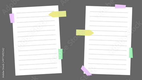 Two blank lined paper notes with colored tape attached to a gray background