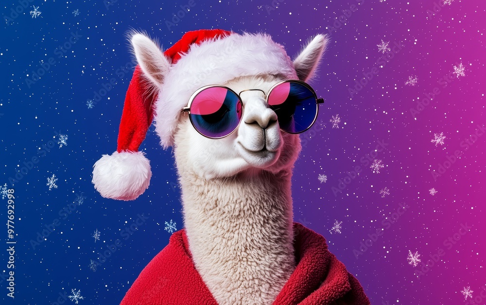 A stylish alpaca in a Santa suit and oversized round sunglasses, set against a vibrant purple-to-blue gradient with snowflakes subtly falling