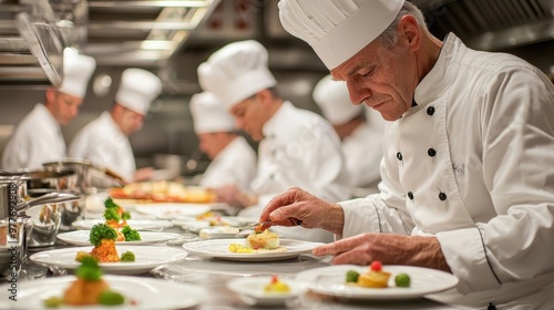 A group of chefs preparing food in a commercial kitchen.