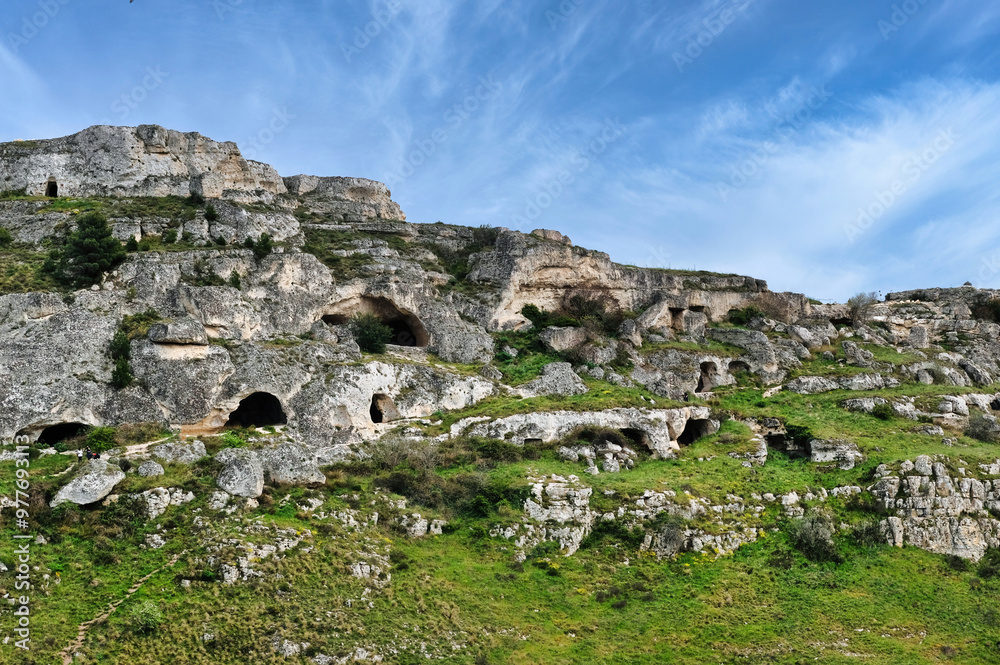 Fototapeta premium The caves of the Murgia Materana (Matera, Italy) are prehistoric caves used by man since the Paleolithic, as a refuge and place of worship