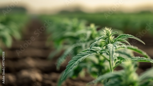 A detailed view of a budding cannabis flower in its early stages of growth, under the natural sunlight in a cultivated agricultural field, symbolizing growth and vitality. photo