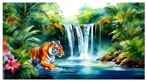 Tiger trinkt Wasser am Wasserfall Aquarell Abbildung photo