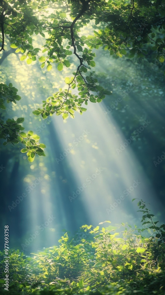 Fototapeta premium Sunlight filters through the forest, casting a tranquil glow on the lush greenery below
