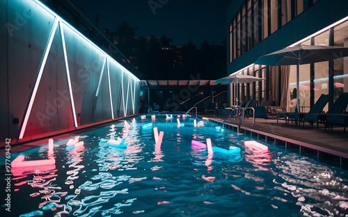 Generative-AI, Neon Night Pool Party with Glowing Lights and Vibrant Atmosphere photo