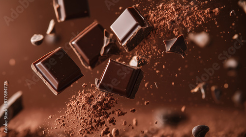 dynamic shot of rich dark chocolate squares and cocoa powder in mid-air, capturing the indulgence, texture, and flavor of high-quality chocolate.