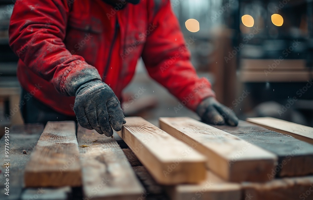 A man wearing a red jacket is building something using wooden planks. A man wearing a red jacket is building something using wooden planks.