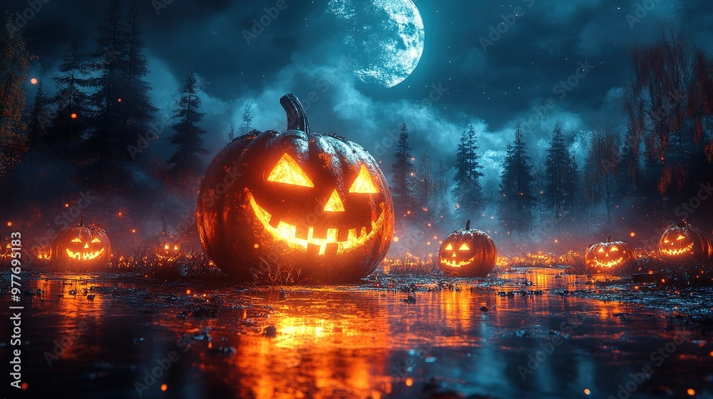 Naklejka premium Halloween theme with pumpkins and dark forest. Scary Halloween design on table. Jack-o-lantern on the dark forest