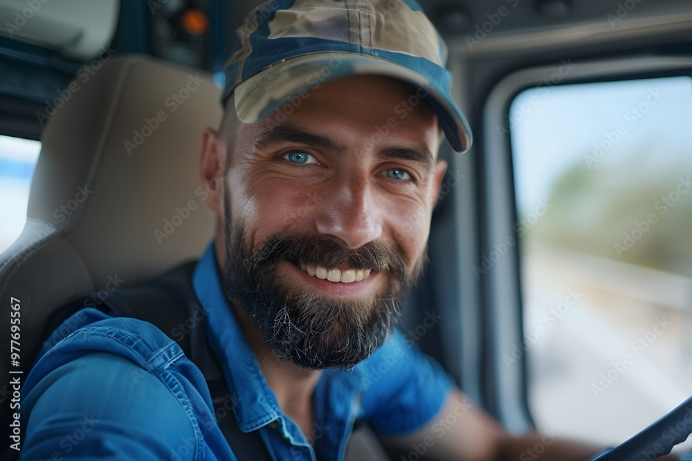 A smiling truck driver sits in the driver's seat of his truck, looking directly at the camera.