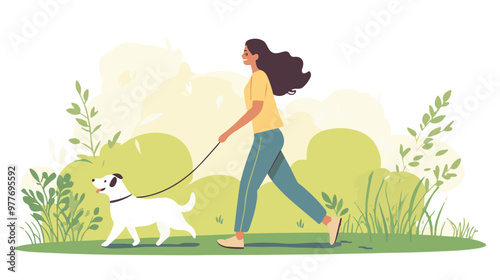 Young woman walking dog on leash. Girl leading pet in park flat vector illustration. Animal care, adoption, lifestyle concept for banner, website design or landing web page