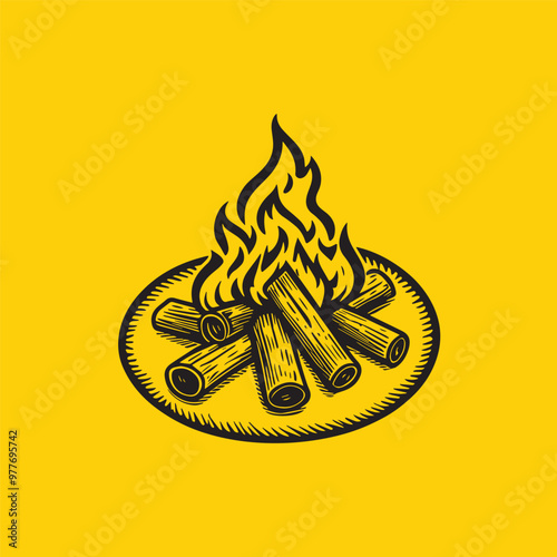 Camp fire or bonfire burning on firewood design