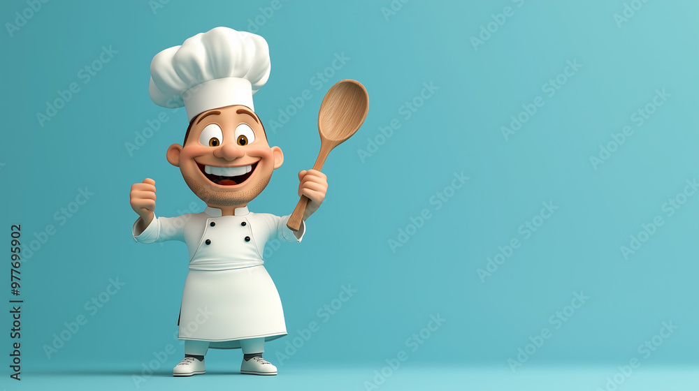 A joyful and adorable cartoon chef, beaming with a wide smile, stands confidently on a bright blue background. A joyful and adorable cartoon chef, beaming with a wide smile, stands confidently on a bright blue background.
