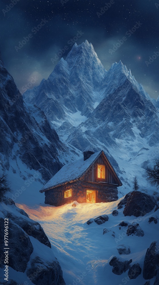 a mountain cabin on a wintry winter's evening. a mountain cabin on a wintry winter's evening.