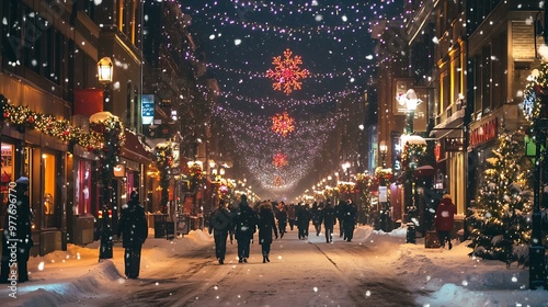 Fototapeta Naklejka Na Ścianę i Meble -  A snowy city street at night with Christmas lights hanging above and people shopping in festive mood