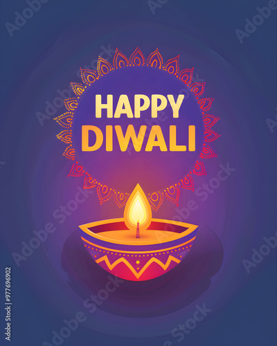 Greeting card with lettering Happy Diwali. Round frame with burning diya on purple background. Traditional Deepavali oil lamp. Festival of lights, Pongal, Ugadi, Gudi Padwa. Hindu holidays decor.