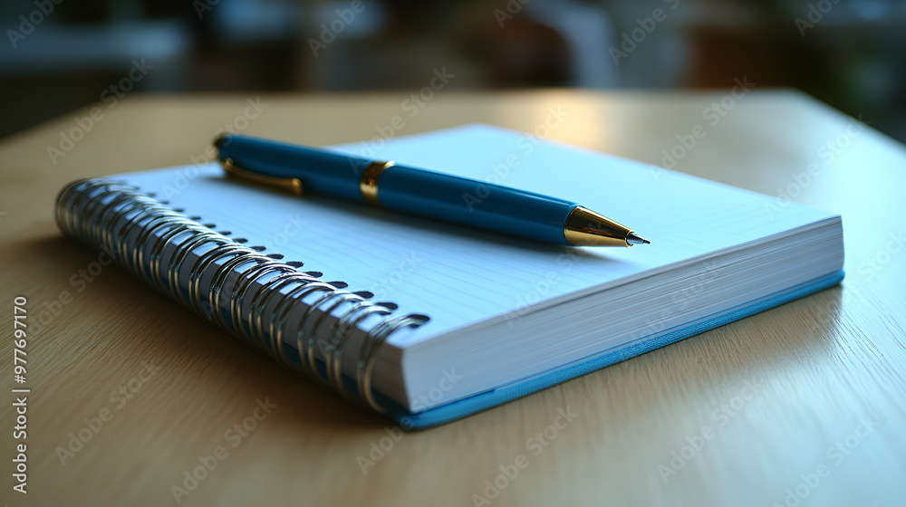 A pen resting on an open notebook with a blank page, surrounded by office items like a notepad and documents on a table, close-up view