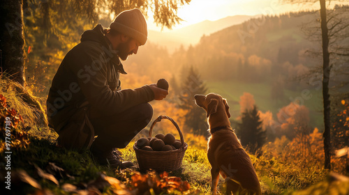 A truffle hunter and his loyal dog in a sunlit forest, examining their harvest after a successful hunt, with a basket of fresh truffles nearby.