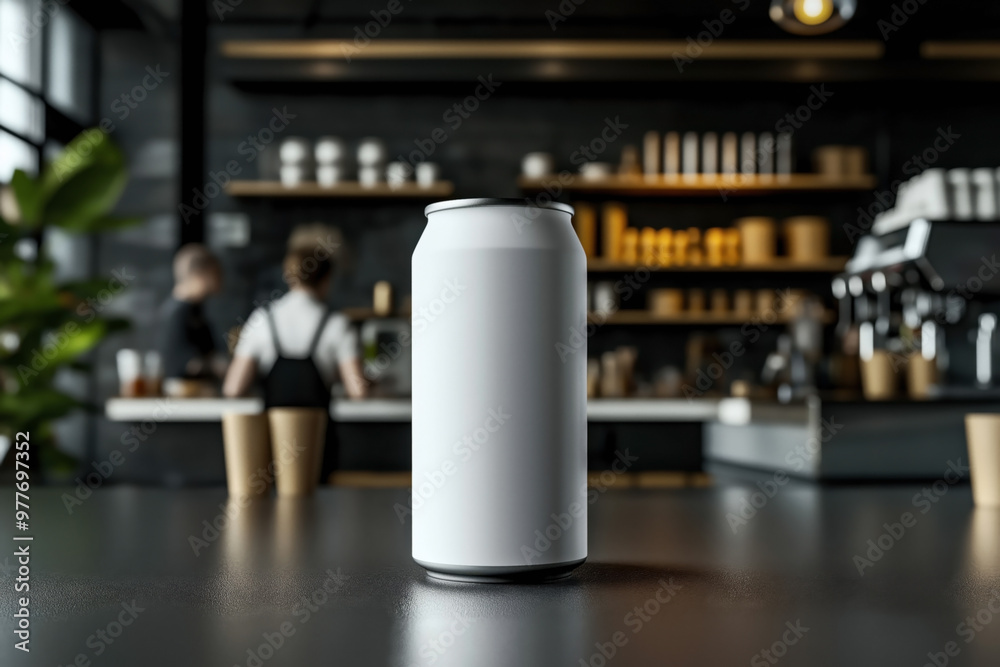 A blank white soda can mockup placed on a table in a coffee shop setting. The background is slightly blurred, showing baristas and shelves with various items. A blank white soda can mockup placed on a table in a coffee shop setting. The background is slightly blurred, showing baristas and shelves with various items.