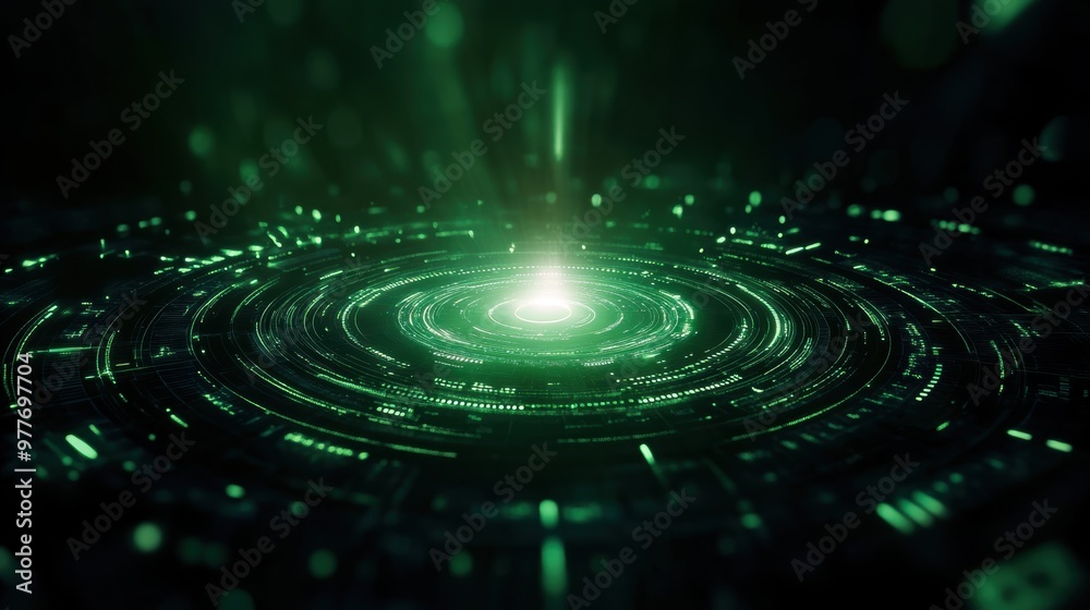 A mesmerizing green digital swirl creating an ethereal ambiance with glowing particles and a central light source. A mesmerizing green digital swirl creating an ethereal ambiance with glowing particles and a central light source.