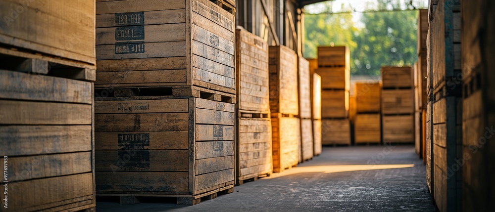 Huge wooden crates piled high in a storage room. Large cartons of products ready to be transported in an outdoor storage facility Huge wooden crates piled high in a storage room. Large cartons of products ready to be transported in an outdoor storage facility