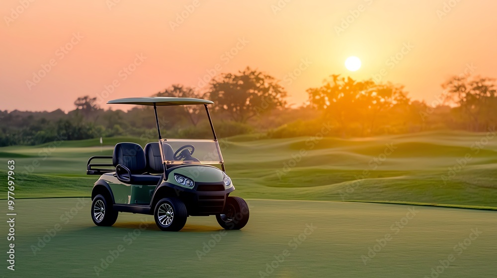 Fototapeta premium Silhouette of a golf cart moving across a lush course at sunset, with the sun setting behind distant trees, golf cart silhouette, evening backdrop